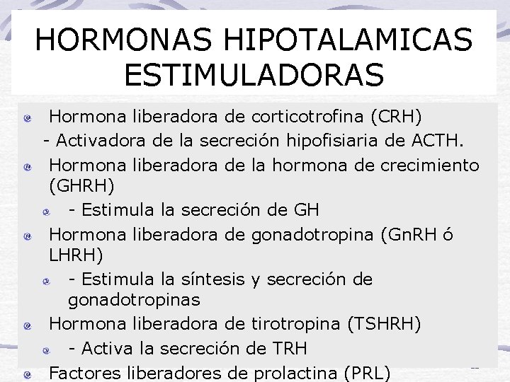 HORMONAS HIPOTALAMICAS ESTIMULADORAS Hormona liberadora de corticotrofina (CRH) - Activadora de la secreción hipofisiaria