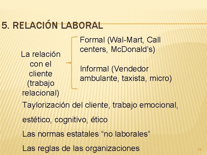 5. RELACIÓN LABORAL La relación con el cliente (trabajo relacional) Formal (Wal-Mart, Call centers,