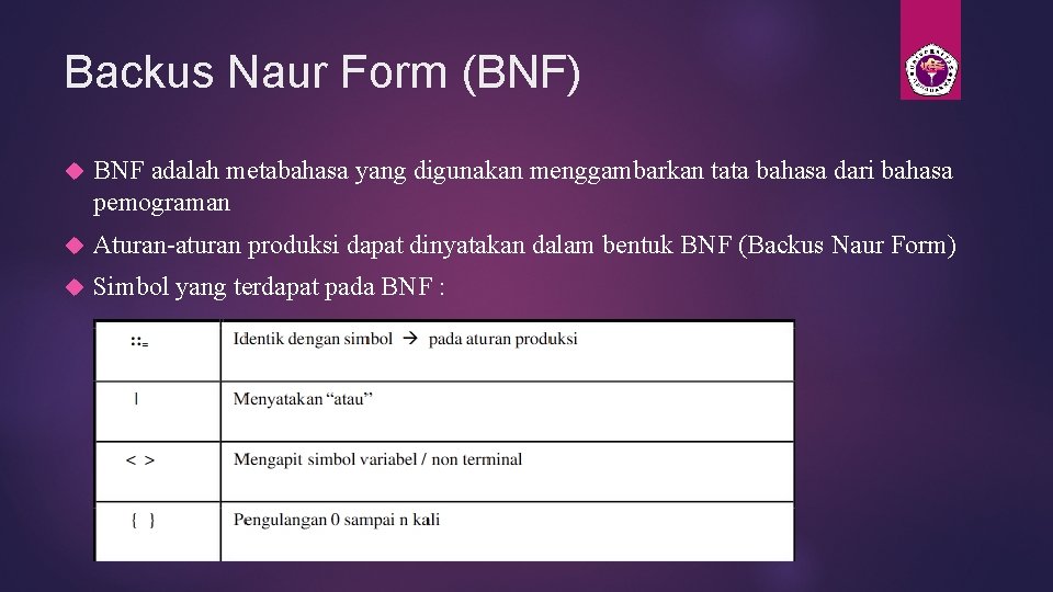 Backus Naur Form (BNF) BNF adalah metabahasa yang digunakan menggambarkan tata bahasa dari bahasa