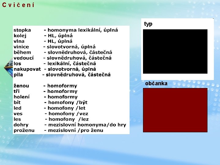 Cvičení typ občanka - slovnědruhová, obyvatelka země, občanský průkaz, občanská nauka, úplná 