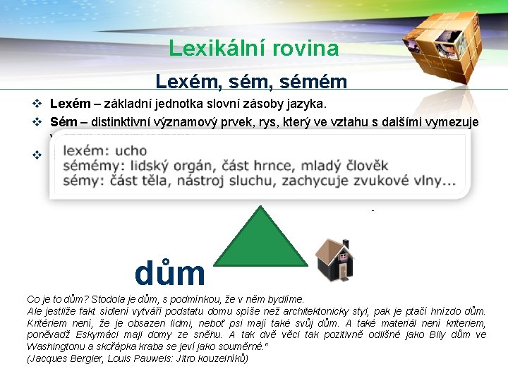 Lexikální rovina Lexém, sémém v Lexém – základní jednotka slovní zásoby jazyka. v Sém