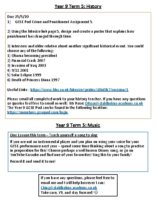 Year 9 Term 5: History Due 25/5/20 1) GCSE Pod Crime and Punishment Assignment