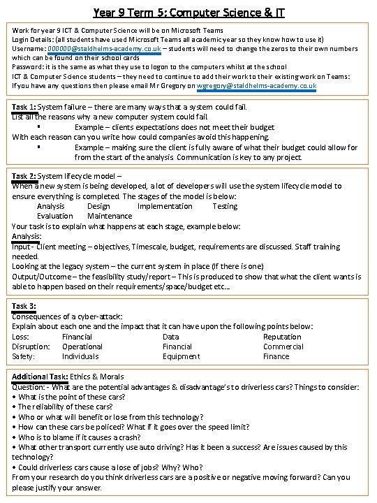 Year 9 Term 5: Computer Science & IT Work for year 9 ICT &