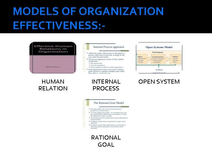 MODELS OF ORGANIZATION EFFECTIVENESS: - HUMAN RELATION INTERNAL PROCESS RATIONAL GOAL OPEN SYSTEM 