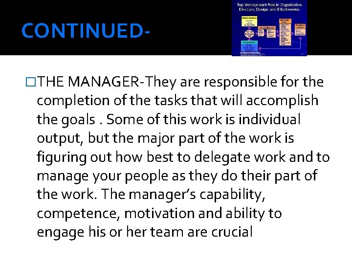 CONTINUED�THE MANAGER-They are responsible for the completion of the tasks that will accomplish the