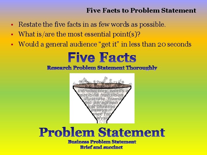 Five Facts to Problem Statement • Restate the five facts in as few words