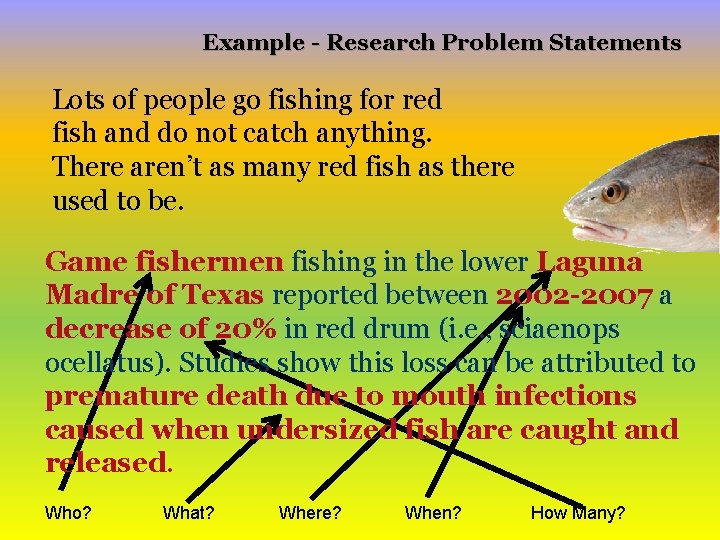 Example - Research Problem Statements Lots of people go fishing for red fish and