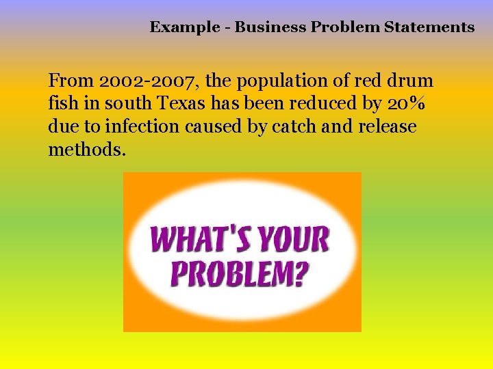 Example - Business Problem Statements From 2002 -2007, the population of red drum fish