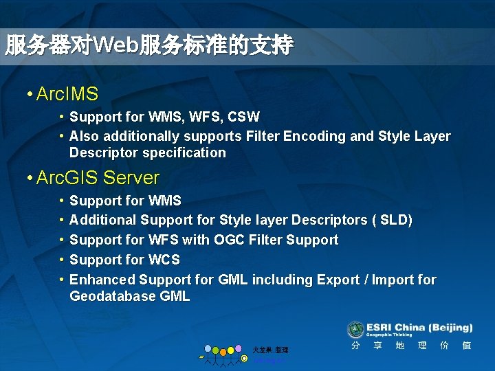 服务器对Web服务标准的支持 • Arc. IMS • Support for WMS, WFS, CSW • Also additionally supports