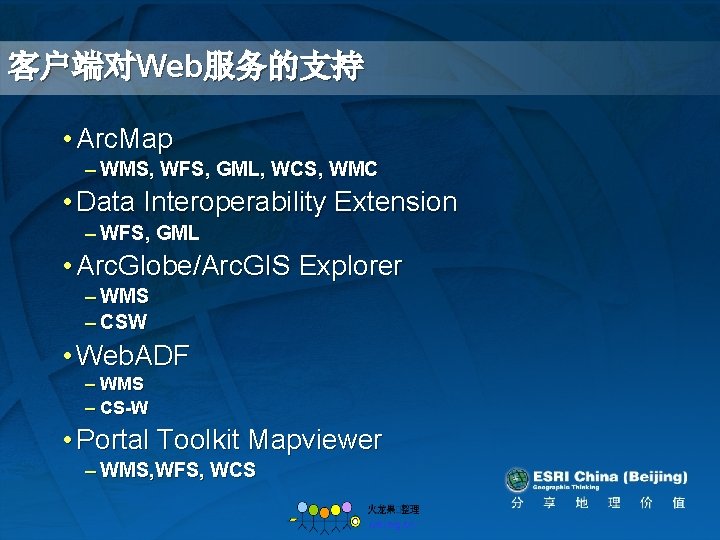 客户端对Web服务的支持 • Arc. Map – WMS, WFS, GML, WCS, WMC • Data Interoperability Extension