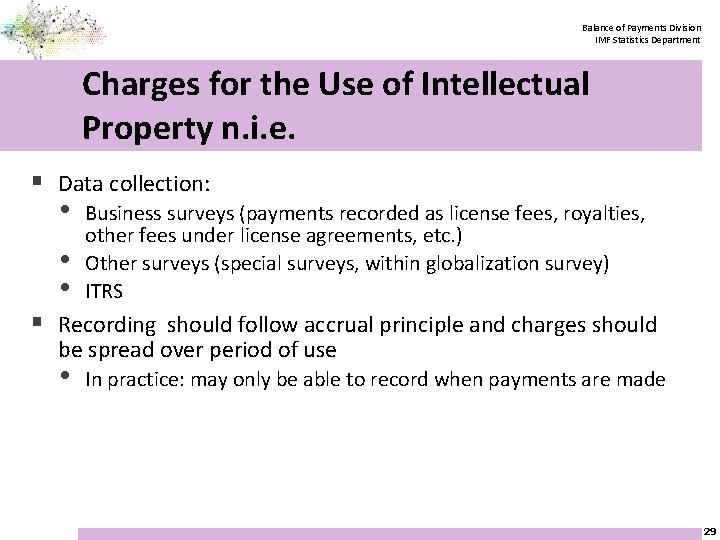 Balance of Payments Division IMF Statistics Department Charges for the Use of Intellectual Property