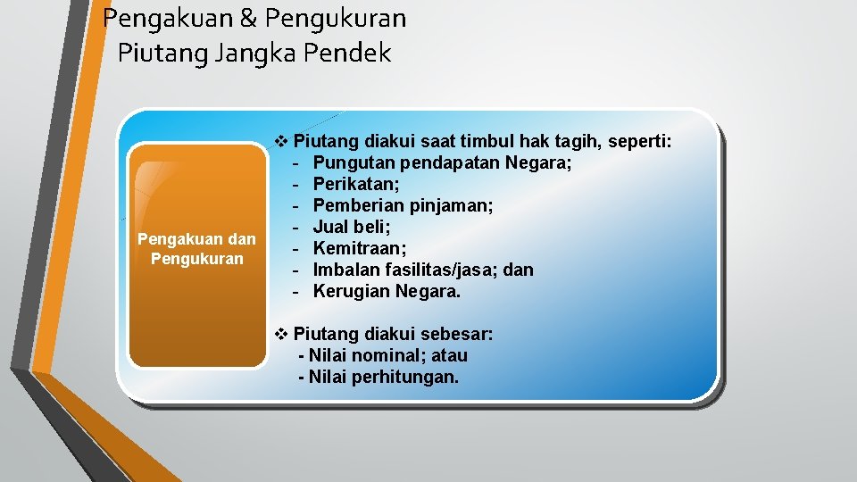 Pengakuan & Pengukuran Piutang Jangka Pendek v Piutang diakui saat timbul hak tagih, seperti: