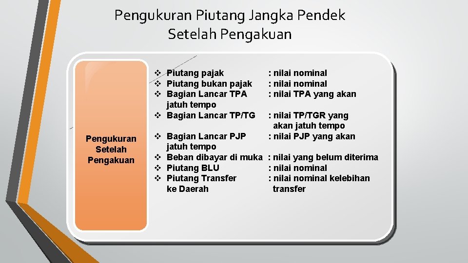 Pengukuran Piutang Jangka Pendek Setelah Pengakuan v Piutang pajak v Piutang bukan pajak v