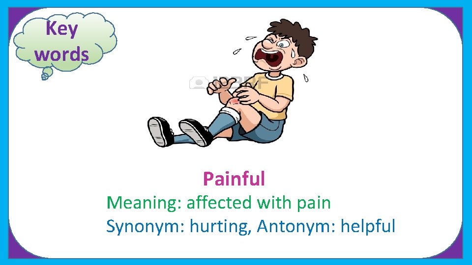 Key words Painful Meaning: affected with pain Synonym: hurting, Antonym: helpful 