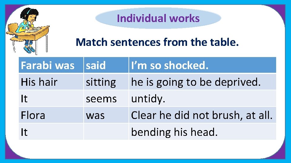 Individual works Match sentences from the table. Farabi was His hair It Flora It