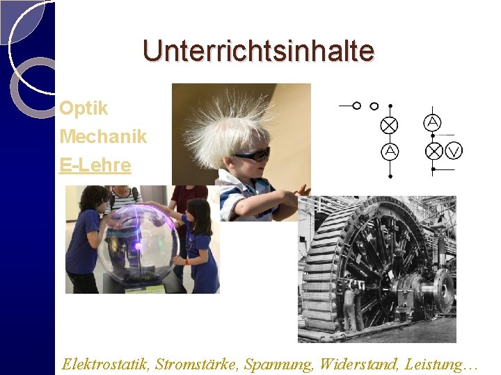 Unterrichtsinhalte Optik Mechanik E-Lehre Besuch des Strommuseums in Recklinghausen Elektrostatik, Stromstärke, Spannung, Widerstand, Leistung…