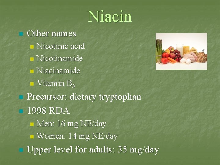 Niacin n Other names Nicotinic acid n Nicotinamide n Niacinamide n Vitamin B 3