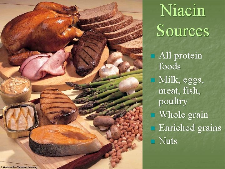 Niacin Sources n n n All protein foods Milk, eggs, meat, fish, poultry Whole
