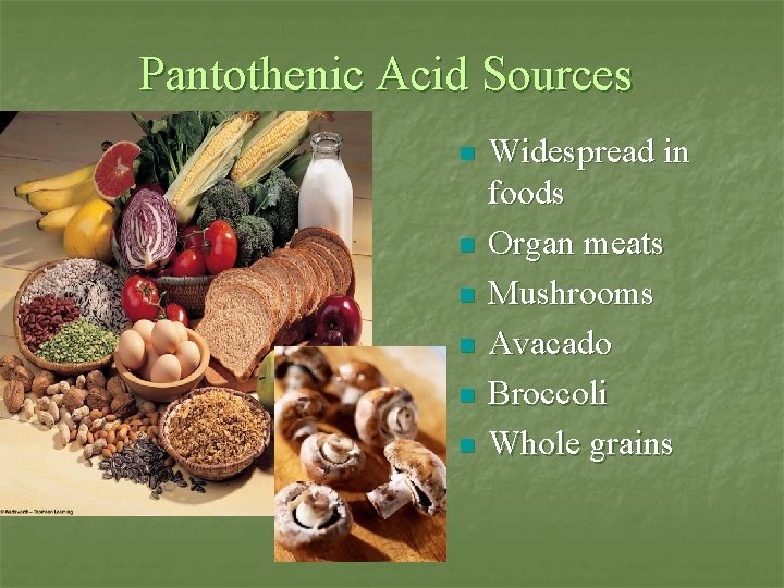 Pantothenic Acid Sources n n n Widespread in foods Organ meats Mushrooms Avacado Broccoli