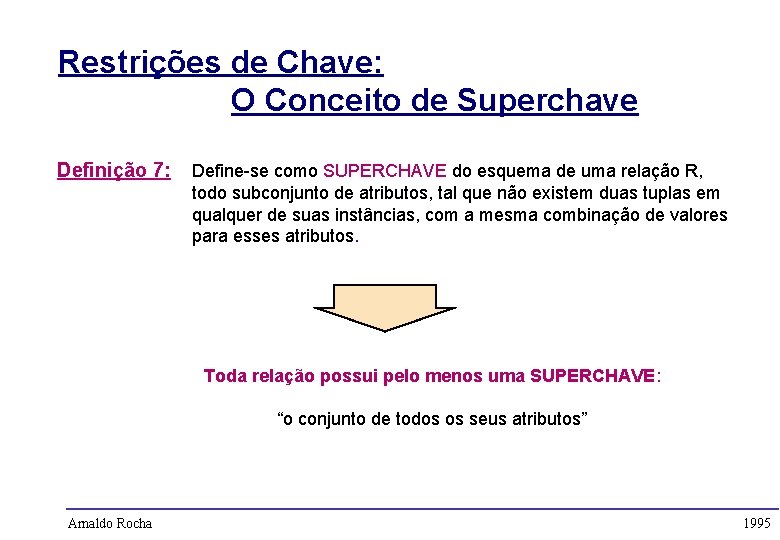 Restrições de Chave: O Conceito de Superchave Definição 7: Define-se como SUPERCHAVE do esquema