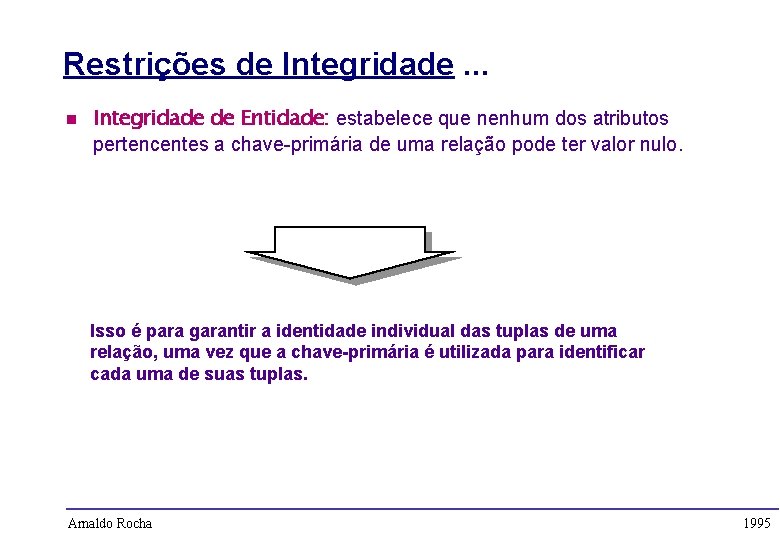 Restrições de Integridade. . . n Integridade de Entidade: estabelece que nenhum dos atributos