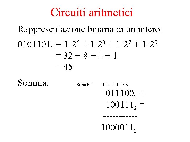 Circuiti aritmetici Rappresentazione binaria di un intero: 01011012 = 1· 25 + 1· 23