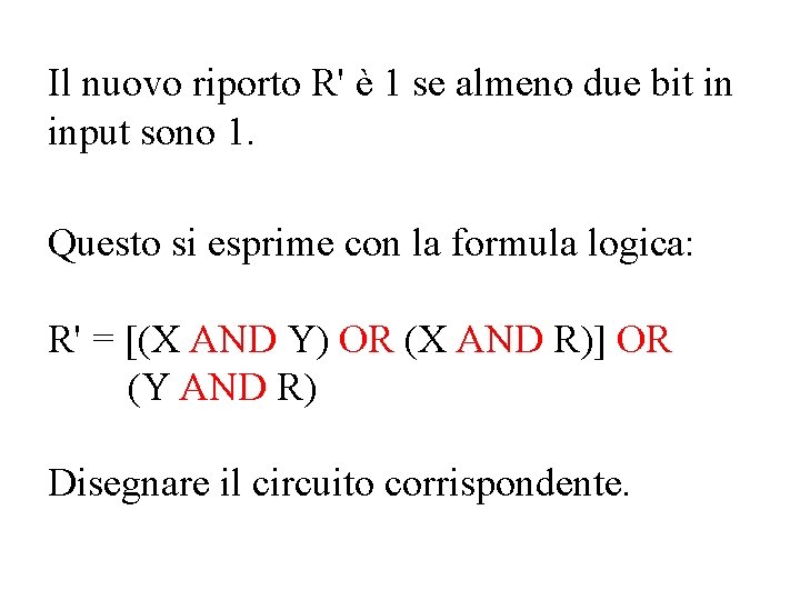 Il nuovo riporto R' è 1 se almeno due bit in input sono 1.