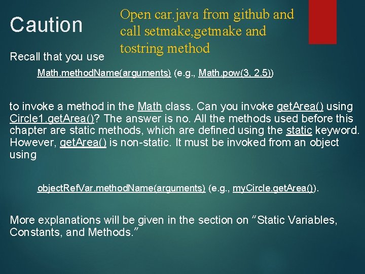 Caution Recall that you use Open car. java from github and call setmake, getmake Caution Recall that you use Open car. java from github and call setmake, getmake