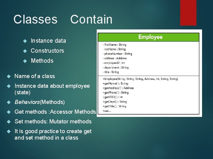 Classes Instance data Constructors Methods Contain Name of a class Instance data about employee Classes Instance data Constructors Methods Contain Name of a class Instance data about employee