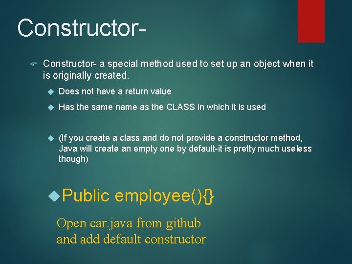 Constructor. F Constructor- a special method used to set up an object when it Constructor. F Constructor- a special method used to set up an object when it