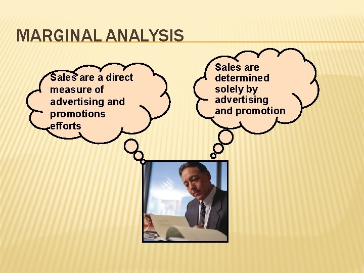 MARGINAL ANALYSIS Sales are a direct measure of advertising and promotions efforts Sales are