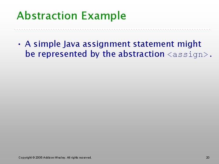 Abstraction Example • A simple Java assignment statement might be represented by the abstraction