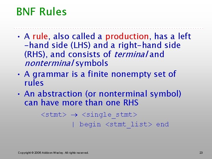 BNF Rules • A rule, also called a production, has a left -hand side