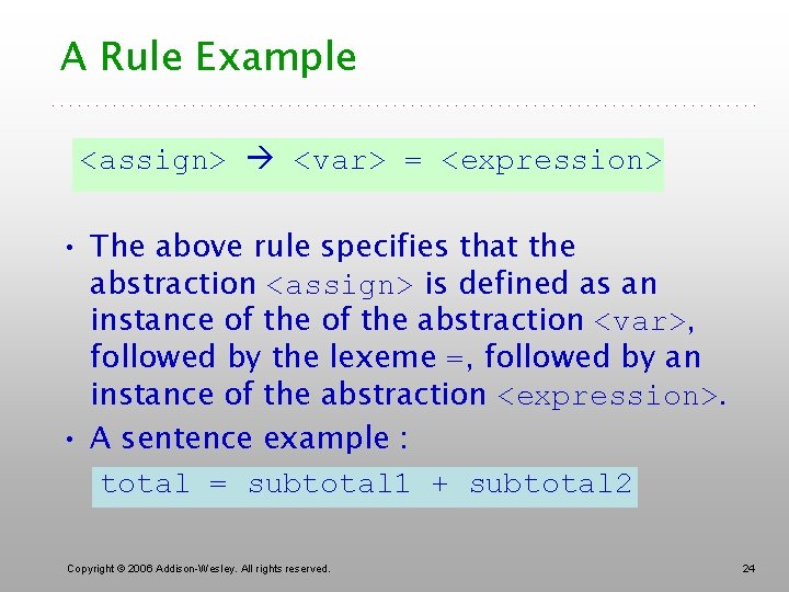 A Rule Example <assign> <var> = <expression> • The above rule specifies that the