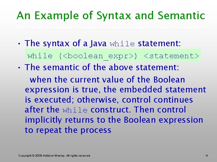 An Example of Syntax and Semantic • The syntax of a Java while statement: