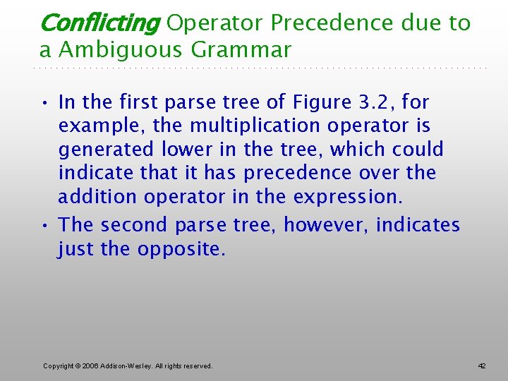 Conflicting Operator Precedence due to a Ambiguous Grammar • In the first parse tree