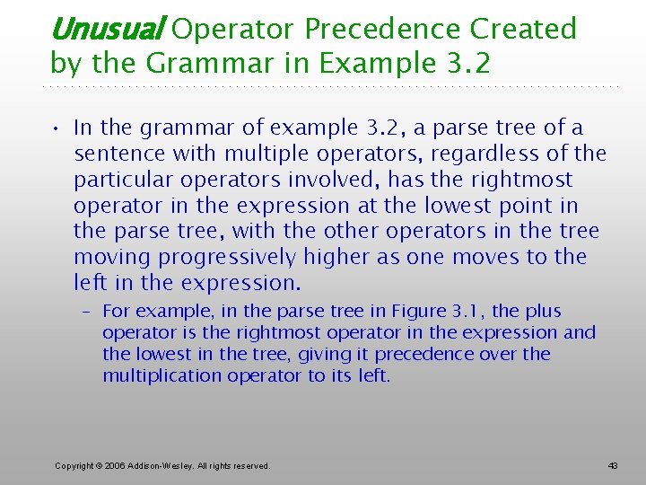 Unusual Operator Precedence Created by the Grammar in Example 3. 2 • In the