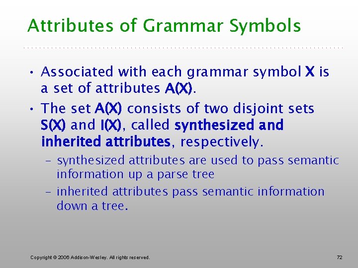 Attributes of Grammar Symbols • Associated with each grammar symbol X is a set