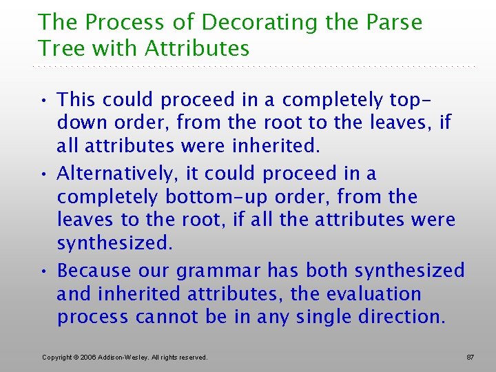 The Process of Decorating the Parse Tree with Attributes • This could proceed in