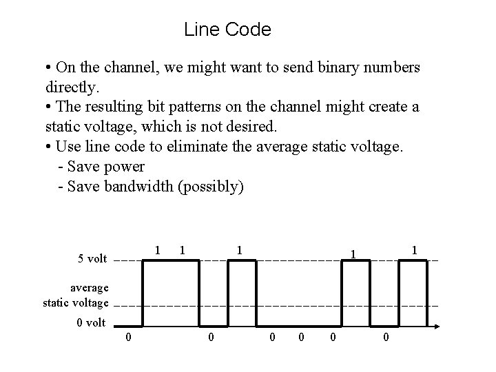 Line Code • On the channel, we might want to send binary numbers directly.