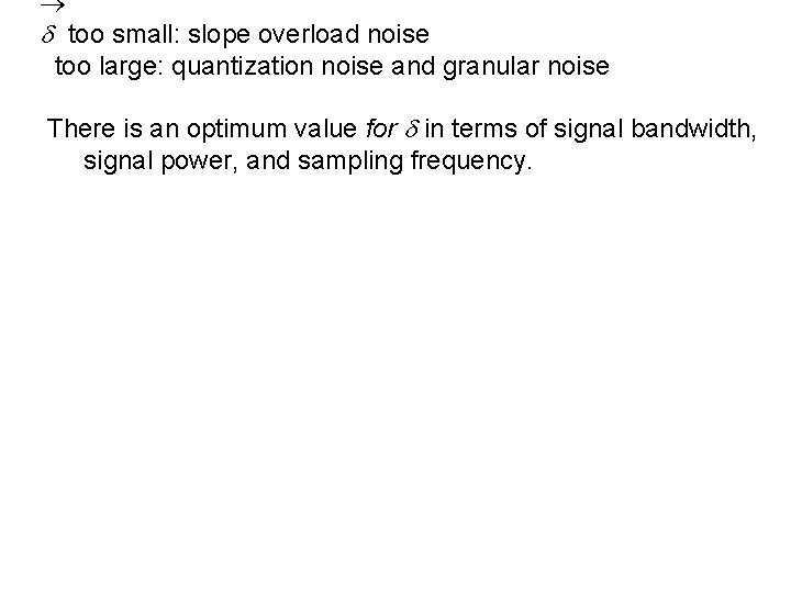  too small: slope overload noise too large: quantization noise and granular noise There