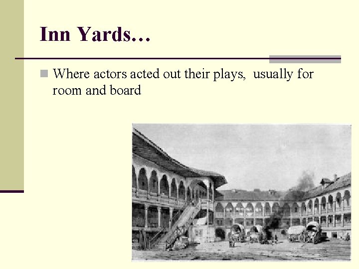 Inn Yards… n Where actors acted out their plays, usually for room and board