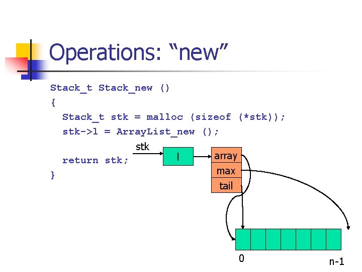 Operations: “new” Stack_t Stack_new () { Stack_t stk = malloc (sizeof (*stk)); stk->l =