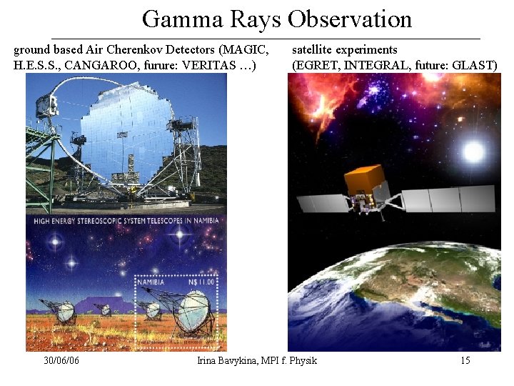 Gamma Rays Observation ground based Air Cherenkov Detectors (MAGIC, H. E. S. S. ,