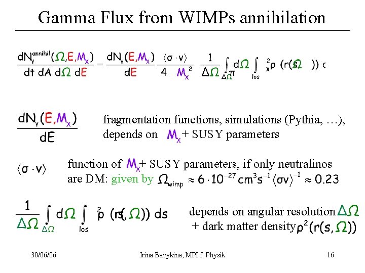 Gamma Flux from WIMPs annihilation fragmentation functions, simulations (Pythia, …), depends on + SUSY