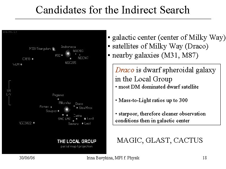 Candidates for the Indirect Search • galactic center (center of Milky Way) • satellites