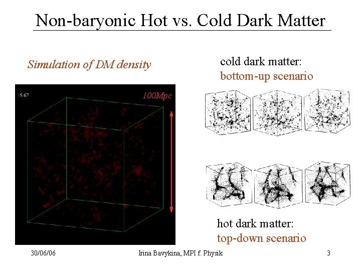 Non-baryonic Hot vs. Cold Dark Matter Simulation of DM density cold dark matter: bottom-up