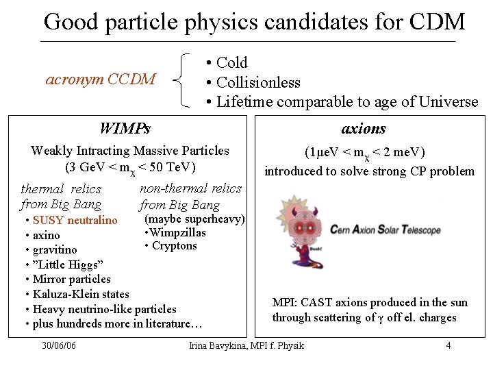 Good particle physics candidates for CDM acronym CCDM • Cold • Collisionless • Lifetime