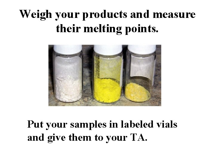 Weigh your products and measure their melting points. Put your samples in labeled vials