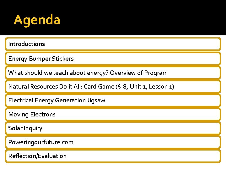 Agenda Introductions Energy Bumper Stickers What should we teach about energy? Overview of Program